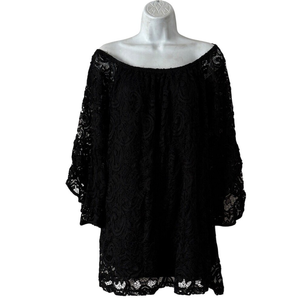 WinWin Tunic Top Womens XL Black Off Shoulder Bell Sleeve Boho Floral